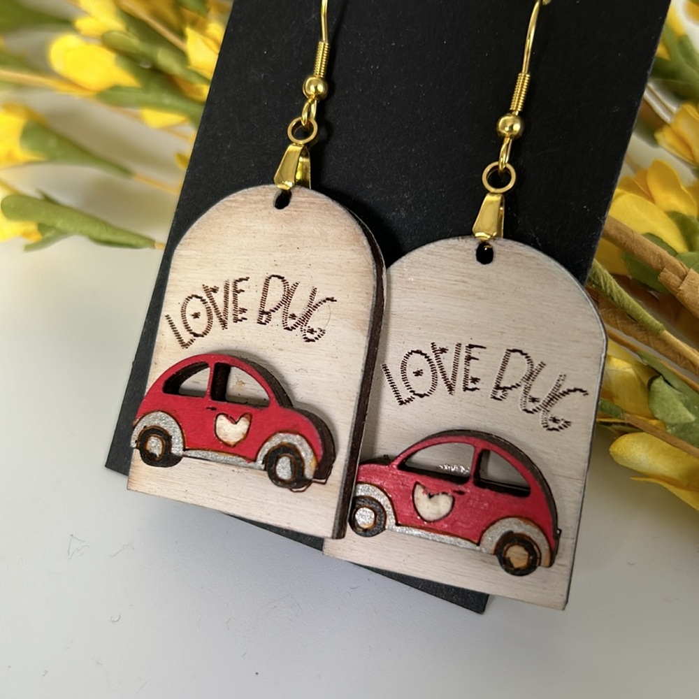 Lovebug Volkswagen Buggie Wood Laser Cut Earrings